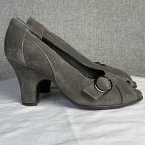 Aerosoles Gineva Gray Suede Peep Toe Heels 7 Buckle 3" Heel Retro Style‎